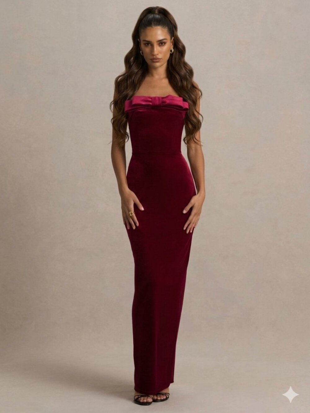 Club L London Illusion Burgundy Velvet Bandeau Maxi Dress With Bow Detail 6 NWT
